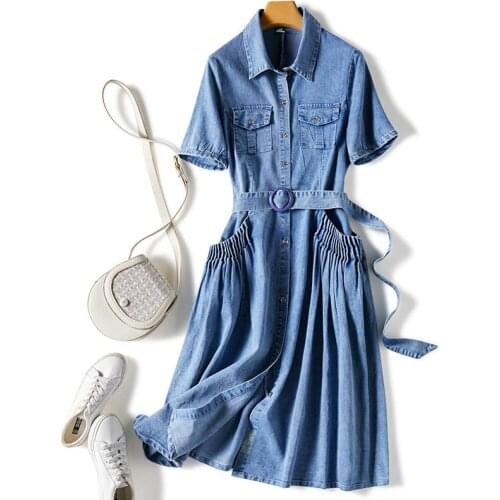 New Summer Women Denim Dress Turn Down Collar Short Sleeve Single Breasted With Belt Female Sexy Slim Midi Long Jeans Dress