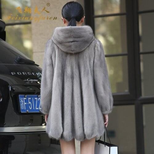 Women winter real mink fur coat marten overcoat female medium-long natural full Pelt Jacket with a hood outerwear