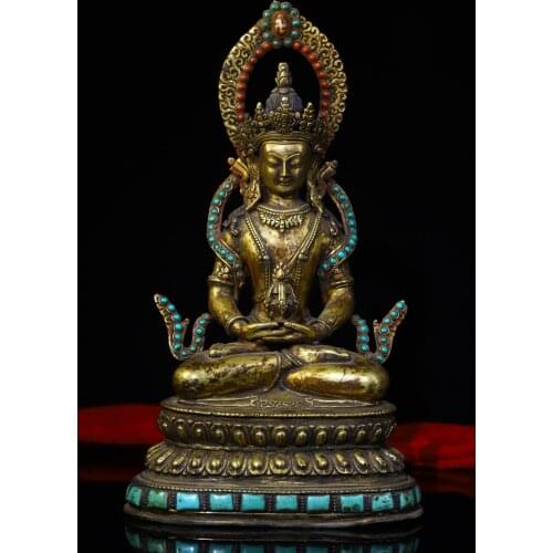 10"Tibet Temple Collection Old Bronze Gilt Filigree mosaic Gem Longevity Buddha Immortal Life Wisdom Tathagata Back light statue