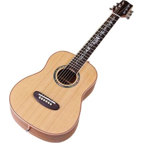 30 Inch Full Solid Wood Acoustic Guitar 6 Strings 19F Mini Folk Guitar Flower Inlay Fretboard Real Shell Sound Hole Edge Binding