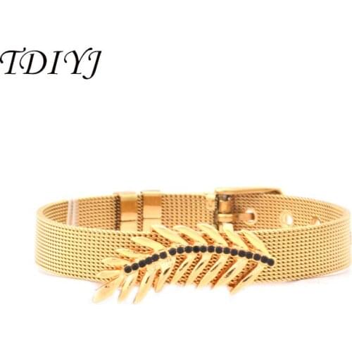TDIYJ Collocation Gold Stainless Steel Mesh keeper Bracelet with Black Crystal Palm Leaf Brushed Slide Charms 1Set