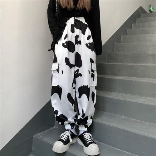 Casual Pants Hip hop Street style Harajuku Printed All-match Loose Women cute Cow print straight leg trousers wide leg trousers