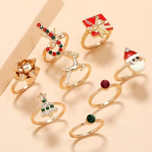 European And American Accessories With Christmas Tree Gift Wand Santa Claus Bow Elk Rhinestone Ring 8 Piece Set for Holiday