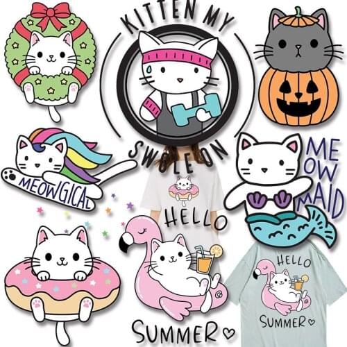 Cute stickers Cat Iron-on Transfers Patches for Kids Clothing Jacket Chest badges DIY Appliques Stickers on fabric