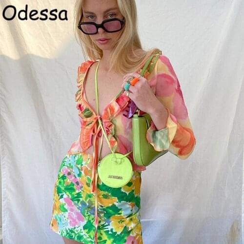 Odessa Spring Summer V Neck Long Sleeve T Shirts Women Y2K Ruffles Print Crop Tops Ladies Bandage Beach Casual Sexy Tees 2021