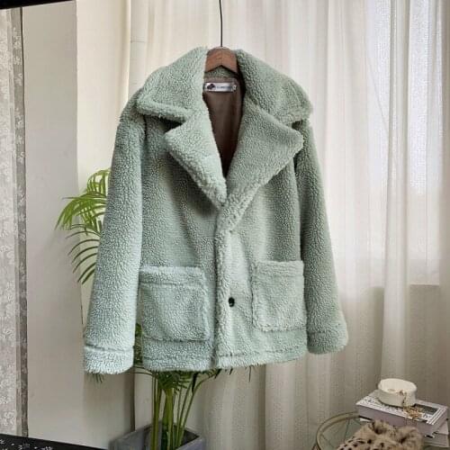 Female Winter Coat Loose Thick Warm Lamb Fur Solid Color Button Lapel Plus Size Casual Double Pocket Long Sleeve Wool Coat 2019
