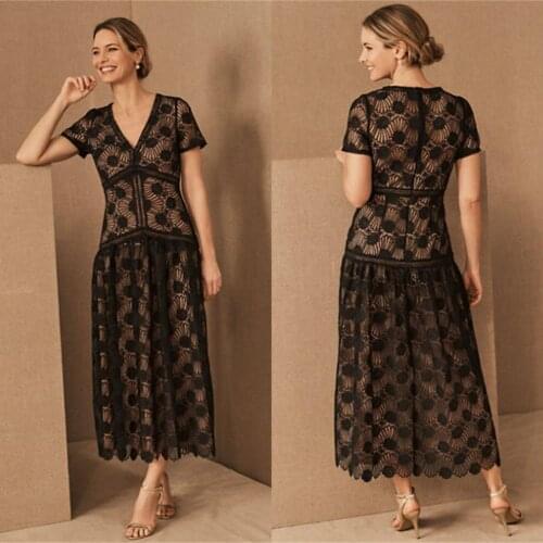 Black Short Sleeves Mother Of The Bride Dresses Lace Appliques V Neck Elegant Wedding Guest Dress Ankle Length Mother Gowns