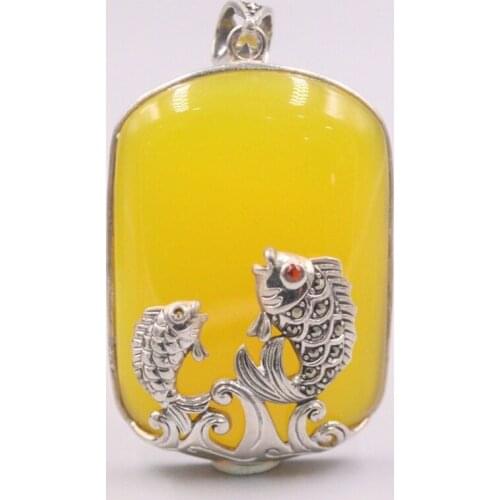 Pure 925 Sterling Silver Pendant 60x36mm Yellow Chalcedony Pisces Pattern Charms For Woman