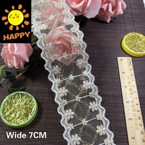 7CM Wide Luxury Tulle Golden White Voile Lace Embroidered Ribbon Collar Appliques Trim Head Lace Fabric 2021 Diy Sewing