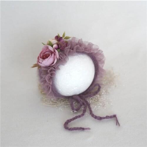 Flower Bonnet for Newborn Girl Baby Photography Props Handmade Foral Bonnet knitted Ruffle Lace Hat Baby Shower Gift