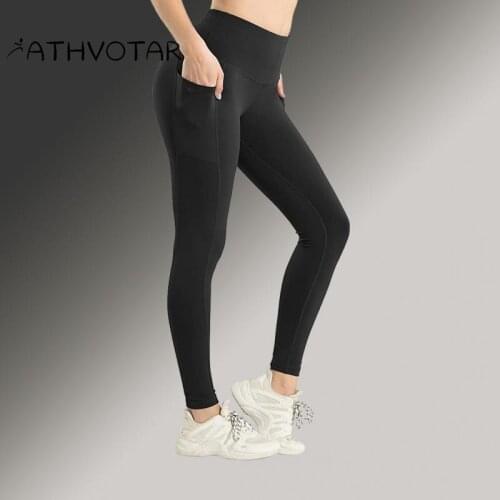 ATHVOTAR Sport Women Pants Sexy High Waist Hip Lift Fitness Running Tights Yoga Trouser Side Pockets Quick Dry Gym Clothing