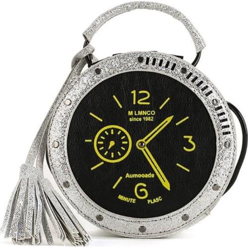 Bag Women Sequin Crossbody Purses Clock Shape Handbags for Women PU Leather Tassel Shoulder Bags Retro Tote Messenger Bag