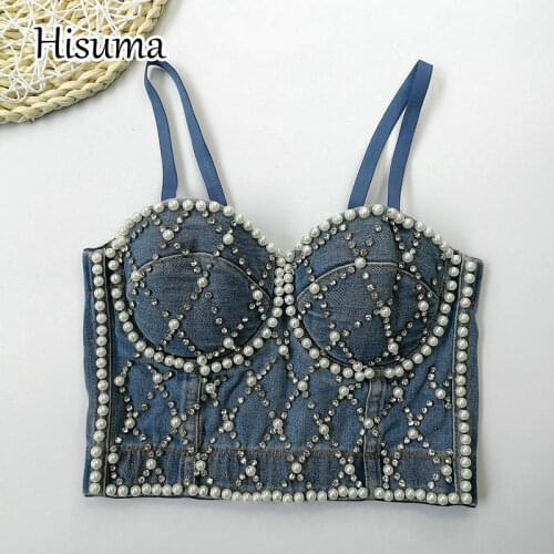 2021 autumn new women V-neck strap beading denim camisole Tube top bra one pcs belt pad wireless Corset female underwear