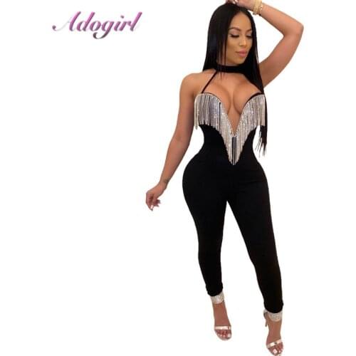 Sexy Diamonds Tassel Halter Bandage Night Party Club Jumpsuit Women Strapless V Neck Backless Romper Outfit Streetwear Overalls