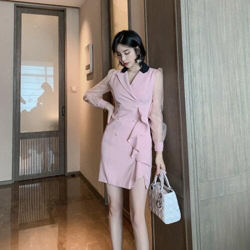 2020 Women Long Sleeve V Neck Mini Pink Dress Women Bandage Bodycon Elegant Dresses Autumn Sexy Party Ruffles Wrap Dress Ladies