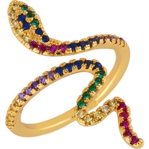 X yan Creative Stackable Colorful Snake Rings for Women Gold Color Clear Shiny CZRock Opening Adjustable Ring Animal Jewelry