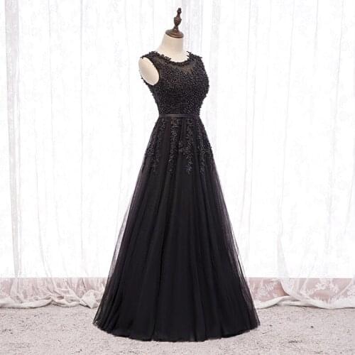 Bespoke Occasion Dresses Illusion O-Neck Sleeveless Embroidery Pearls Tulle Lace Luxury Black Women Formal Evening Gown HB180