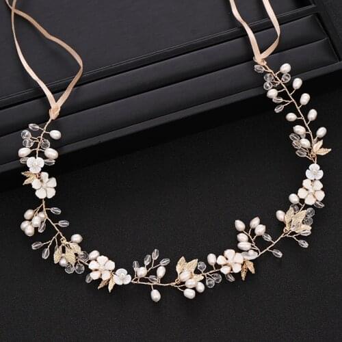 Gold Wedding Headband tiara Freshwater Pearl Flower Bridal Headpiece Hair Vine Dinner Hair Accessories Wedding Hair Jewelry