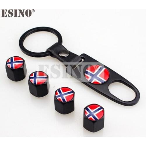 4 x Car Stainless Steel Zinc Alloy Wheel Tire Valve Stems Caps Norway National Flag l Universal Fit With Mini Wrench Key Chain