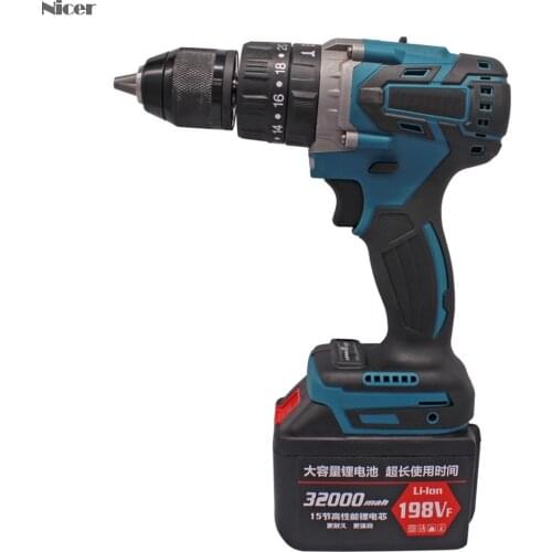 3 In 1 198VF Cordless Electric Drill Impact/Flat Drill/Lifting Screw Function Brushless Drill Rechargeable Battery Power Tools