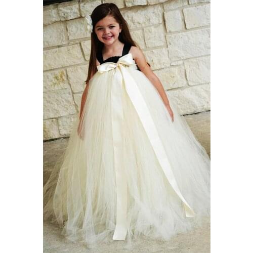 Little Girls Ivory Long Tutu Dress Kids Handmade Crochet Tulle Tutus Ball Gown with Big Ribbon Bow Children Wedding Party Dress