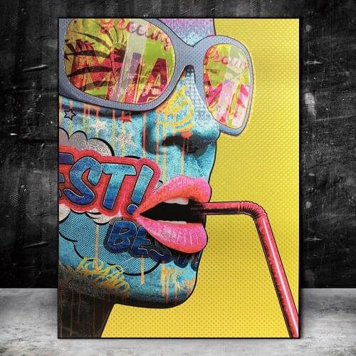 Graffiti Sexy Glasses Girl Drink Art Canvas Print Painting Women Fashion Wall Picture Living Room Bedroom Home Decoration Poster