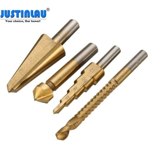 JUSTINLAU 4pcs 6mm Saw Drill Hole Reamer 8-20mm Umbrella Drill 4-12mm Step Drill 12.4mm 90 Degree Chamfering Cutter Bit