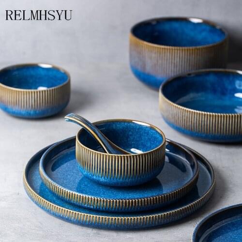 1PC RELMHSYU Japanese Style Retro Blue Ceramic Salad Noodle Bowls For Dinner Light Luxury Round Flat Plate Dishes Tableware
