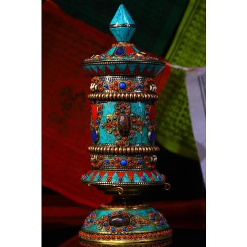 10"Tibet Temple Collection Old Bronze mosaic turquoise Dzi Bead Prayer wheel Scripture inside pagoda Dharma Town House Exorcism