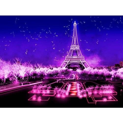 5D Full Drill Square Diamond Mosaic Fluorescence Rhinestone Painting Iron Tower Diamond Embroidery Purple Home Decoration