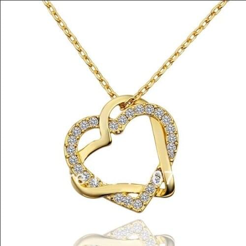 N586 Hot Sales Gold Color CZ Crystal double heart pendant necklace fashion jewelry wedding gift Top quality new design