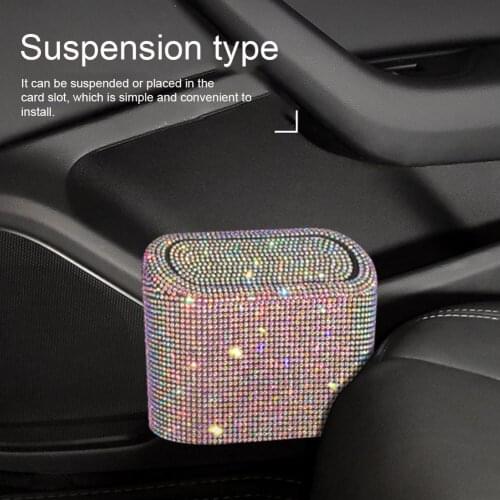 Bling Plastic Fashion Clean Car Trash Can Easy Install Portable Storage Box Hanging Basket Rectangular With Rhinestones Interior