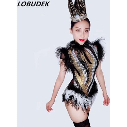 Sexy See-through Black White Feathers Rhinestones Bodysuit Women Singer Modern Dance Costume Mesh Perspective Show Stage Wears