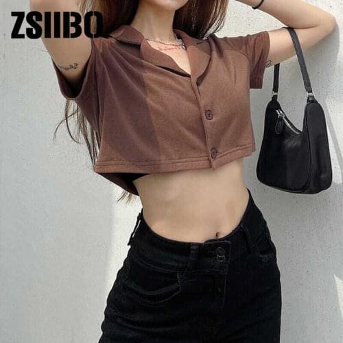 Harajuku style brown short-sleeved lapel T-shirt female design sense niche high waist short single-breasted slim top all-match