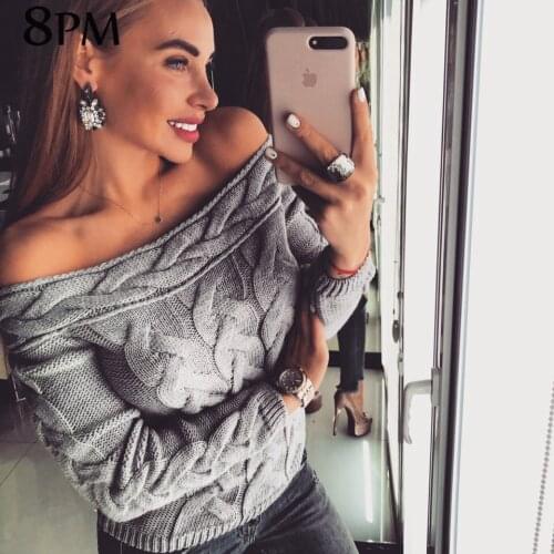 Off-Shoulder Knitted Sweater Women Autumn Fashion Knitted Sweaters Boat Neck Pullover Slim Pullover Stretch Sweater ouc1171