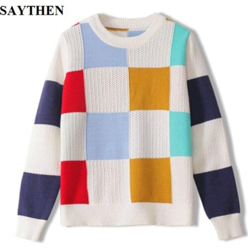 Saythen Retro Style Square Lattice Color Matching Sweater Women 2020 Autumn And Winter New Loose Jacket Long-Sleeved Knitted Pul