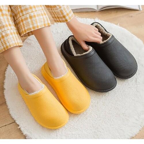 Waterproof Winter Men Fur Slippers Keep Warm Plush Home Cotton Shoes Women Non-slip EVA Slippers Casual Couple Garden Shoes 2021