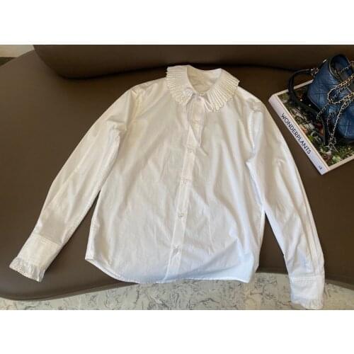 Fashion 2021 New Ladies Long Sleeve Sexy Casual Solid Color Hollow Flower Pleated Collar Bow Shirt 1019