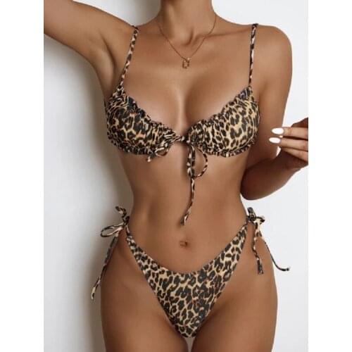 Sexy Leopard Print Women Bikini Swimwear Women Bathing Suit Female Bandeau Thong Swimsuit Middle Waist Swimwear New Bather