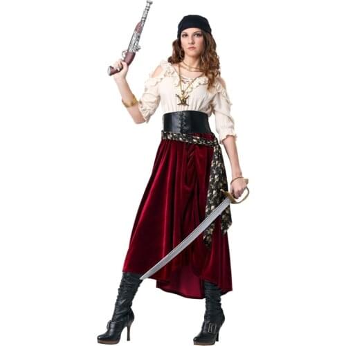 Lady Carnival Halloween Caribbean Pirates Costume Top Skirt Elizabeth Outfit Cosplay Fancy Party Dress
