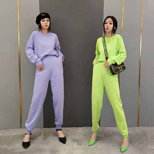 2021Pearls Tracksuit Women Knitwear 2 Piece Suits Autumn Fashion Pearls Warm Sweater+Loose Trousers Casual Women Knitted sets