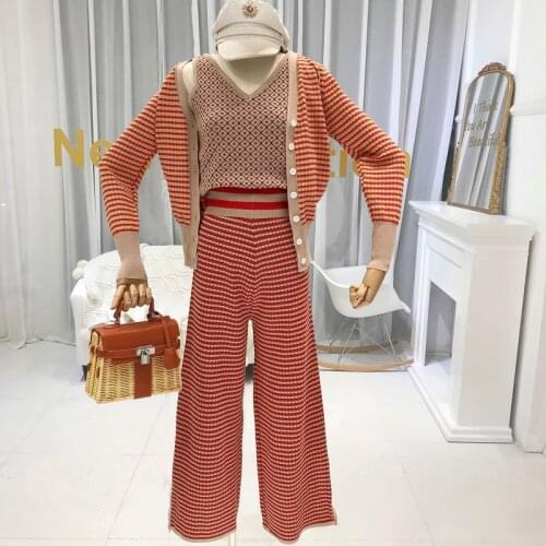 Amolapha Women Knitted Striped Cardigan+Tank+High Waist Pants 3 Pieces Clothing Set Autumn Winter 3PCS Knit Suits