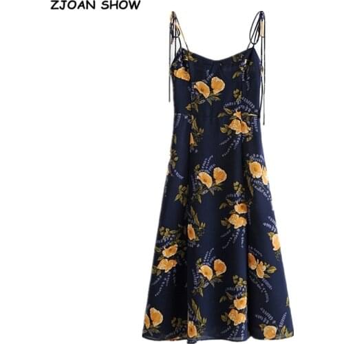 2020 French Summer Navy Blue Floral Print Bandage Spaghetti Strap Midi Dress Retro Sexy Women Lacing Up Sling Slit Vestido