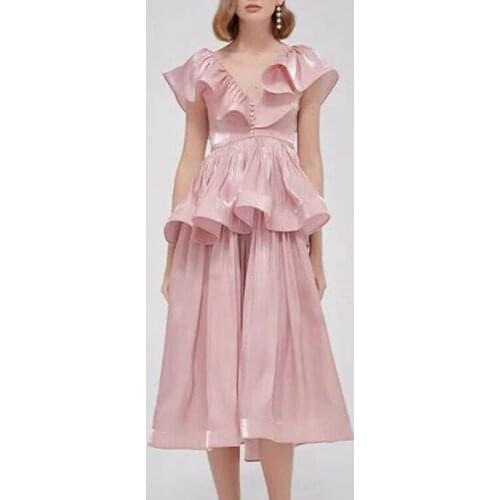 Pink 2021 summer new fashion dress personality V-neck irregular stitching mid-length waist dress