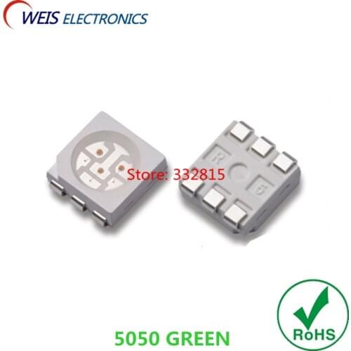 50PCS 5050 TRUE GREEN LED SMD 520-525nm 2000-3000mcd 3.0-3.2V 120 angle super bright light beads RoHs Free shipping