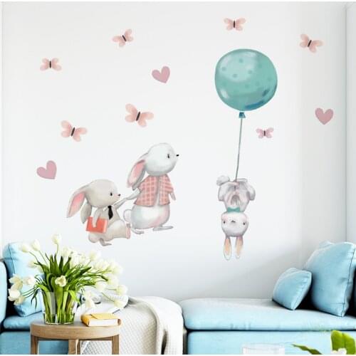 Watercolor Cute Rabbit Wall Stickers for Kids room Home Decor Hand paintied Bunny Children room Nursery Bedroom Vinyl Sticker