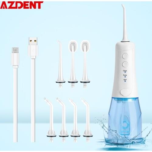AZDENT Portable Electric Oral Irrigator USB Recharge Water Dental Flosser 3 Modes 350ml Tank IPX7 Waterproof 4 Tips 2min Timing