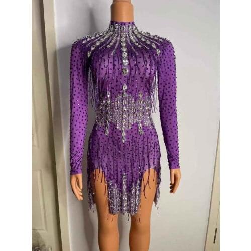 Sparkly Rhinestone Purple Fringes Short Dress Singer Dancer Costume Stage Wear Women Birthday Outfits for Women Sexy Club Party
