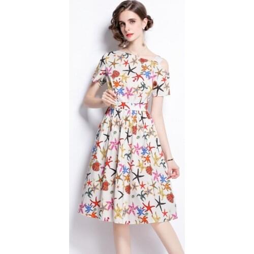 Summer Designer Slash Neck Dew Shoulder Women Starfish Shell Printed Short Sleeve Female Elegant A Line Party Cute Dresses