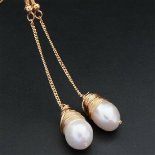 Long Cultured White Baroque Pearl Earrings Gold Ear Drop Dangle Party Women Classic Hoop Jewelry
